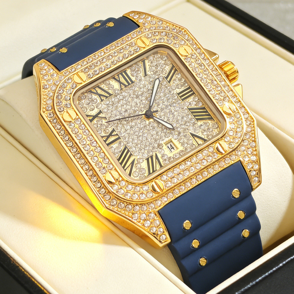 Luxury Watch With Rubber Strap - Sıcak Moda Kare Tam Elmas Kuvars