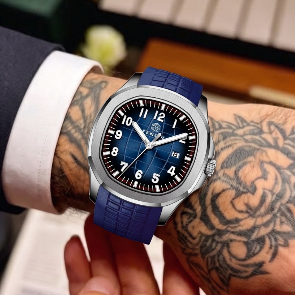 Luxury Watch With Rubber Strap - Kare Desenli Kadranlı ve Takvim Fonksiyonlu,